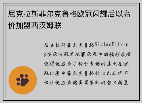 尼克拉斯菲尔克鲁格欧冠闪耀后以高价加盟西汉姆联