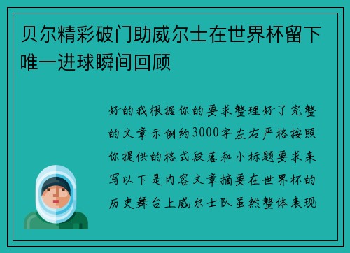 贝尔精彩破门助威尔士在世界杯留下唯一进球瞬间回顾