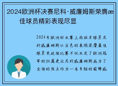 2024欧洲杯决赛尼科·威廉姆斯荣膺最佳球员精彩表现尽显