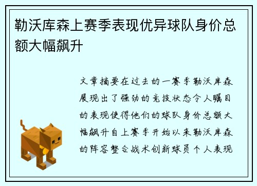 勒沃库森上赛季表现优异球队身价总额大幅飙升