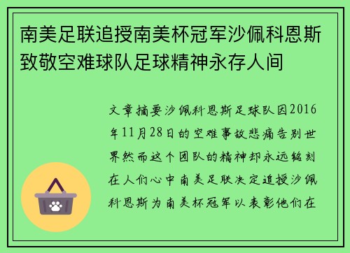 南美足联追授南美杯冠军沙佩科恩斯致敬空难球队足球精神永存人间